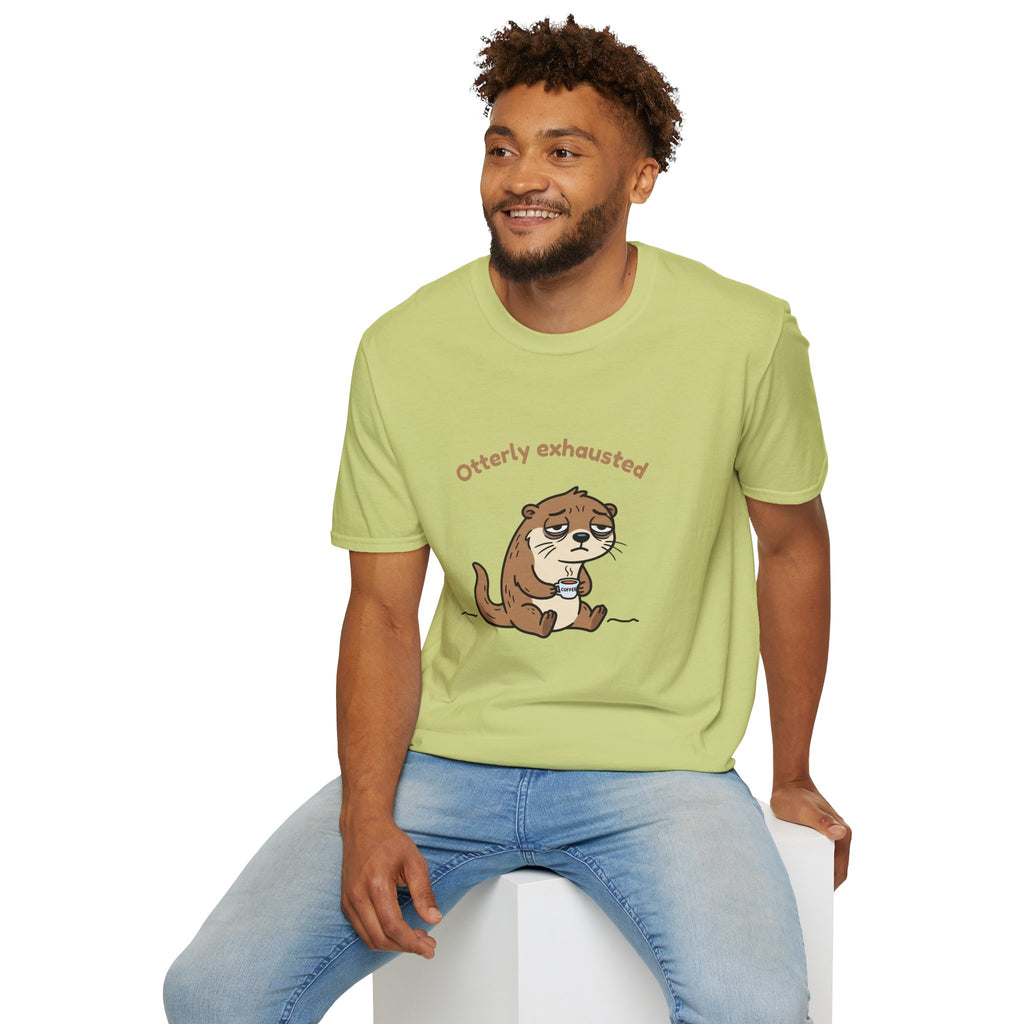 Otterly Exhausted — Funny Tired Otter Coffee T-Shirt | Cute Pun Graphic Tee