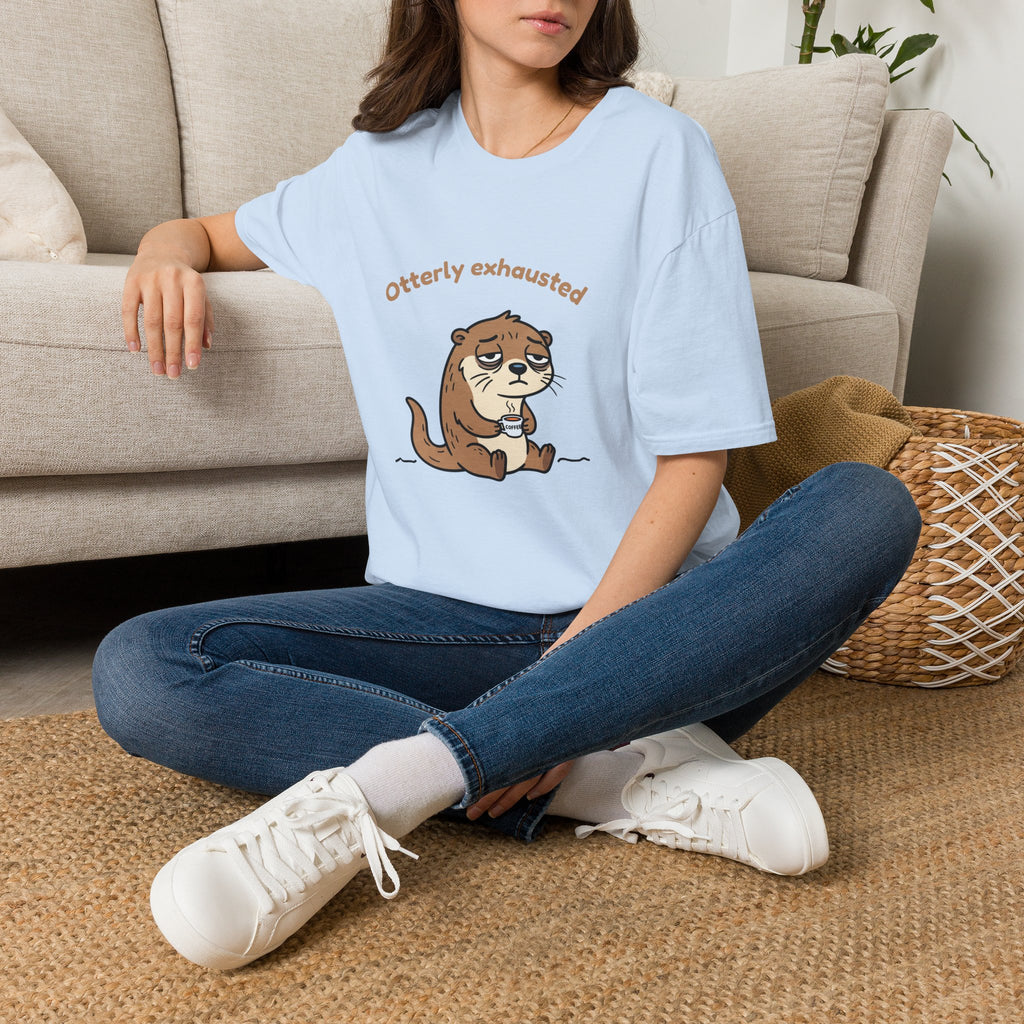 Otterly Exhausted — Funny Tired Otter Coffee T-Shirt | Cute Pun Graphic Tee