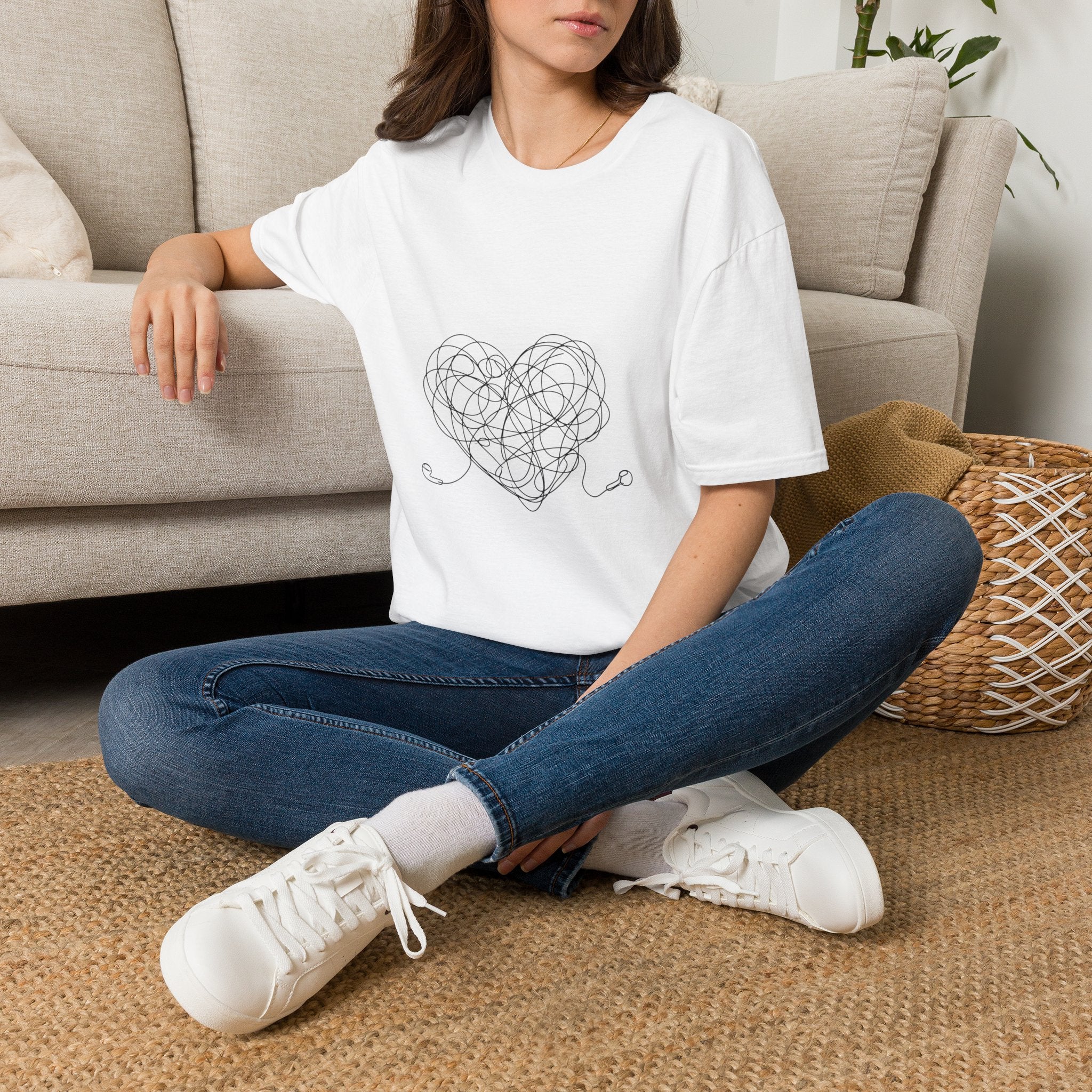 It's Complicated — Minimalist Tangled Earphones Heart T-Shirt | Music Lover Line Art Tee