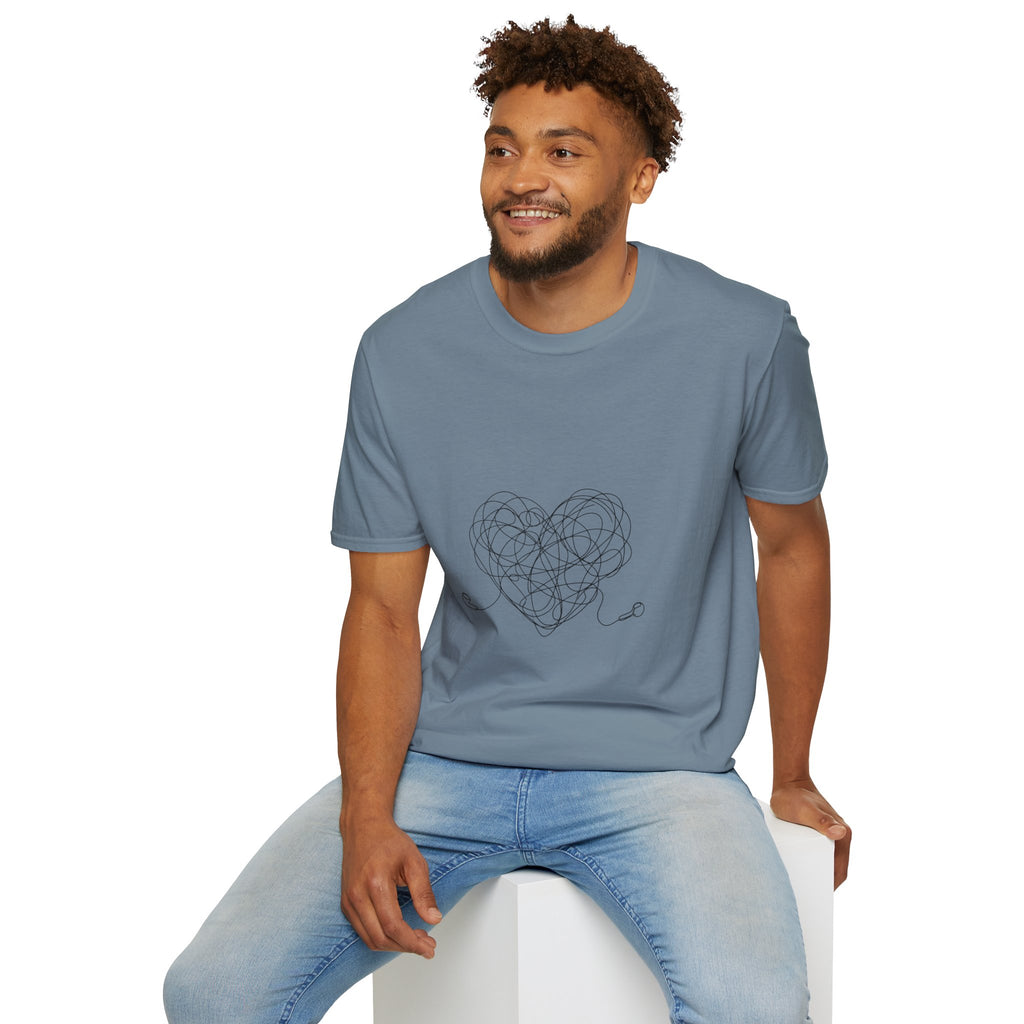 It's Complicated — Minimalist Tangled Earphones Heart T-Shirt | Music Lover Line Art Tee