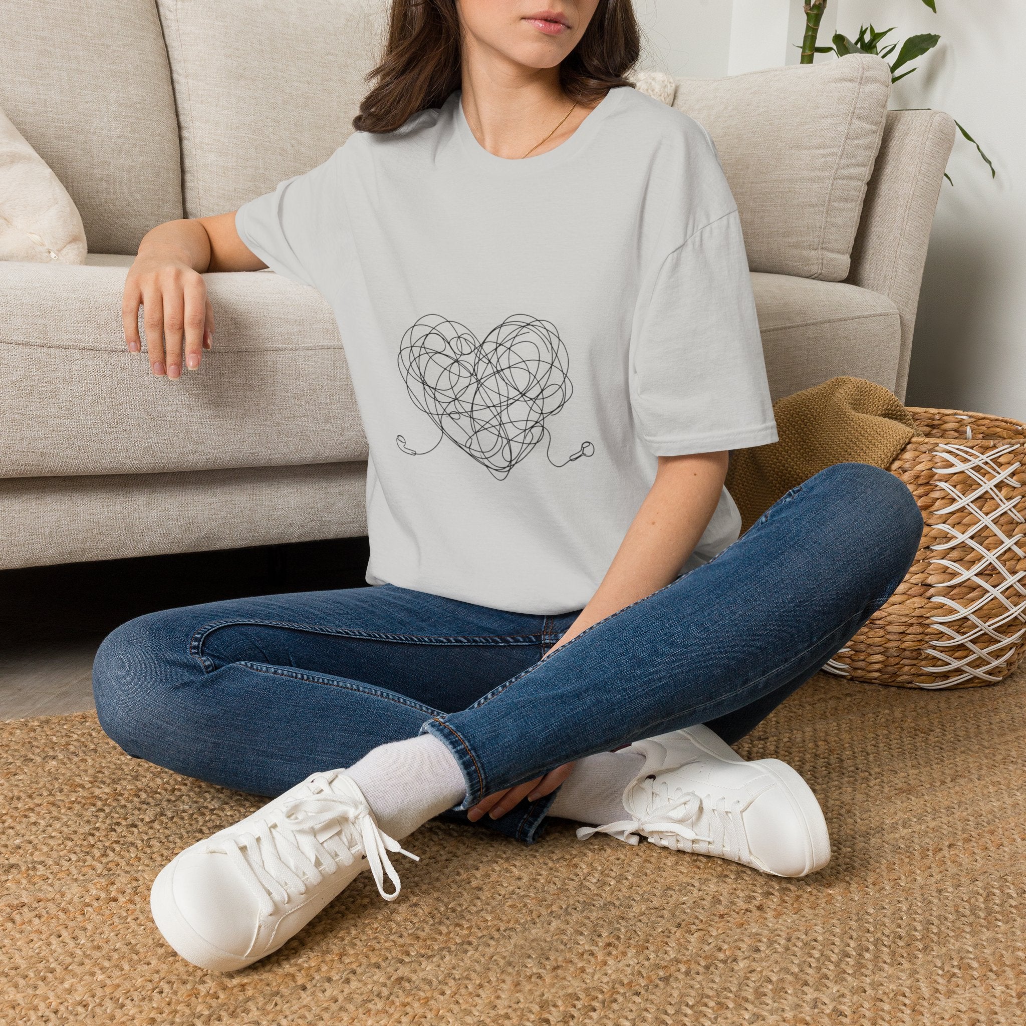 It's Complicated — Minimalist Tangled Earphones Heart T-Shirt | Music Lover Line Art Tee